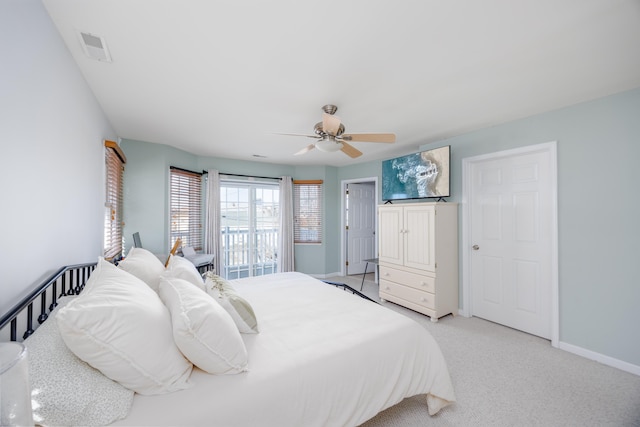 bedroom with light carpet, baseboards, visible vents, ceiling fan, and access to outside