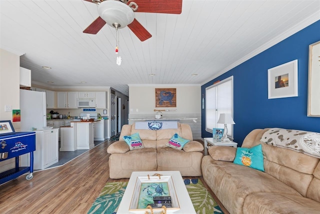 living room with hardwood / wood-style floors, wood ceiling, ornamental molding, and ceiling fan