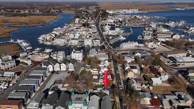 aerial view featuring a water view