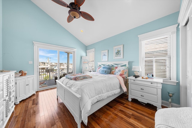 bedroom with access to outside, high vaulted ceiling, ceiling fan, and dark wood-type flooring