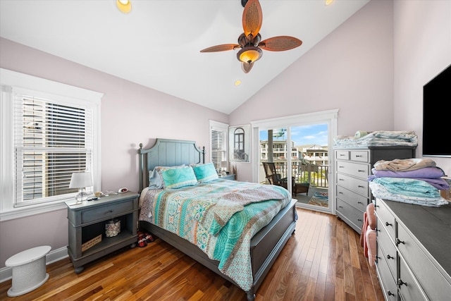 bedroom with access to exterior, ceiling fan, dark wood-type flooring, and lofted ceiling