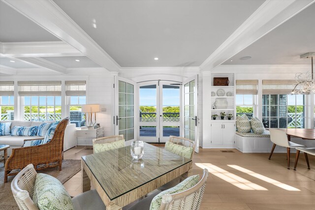74 38th St, Avalon, NJ 08202 - dining room featuring crown molding, plenty of natural light, a chandelier, beamed ceiling, and wood finished floors