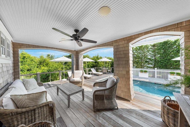 74 38th St, Avalon, NJ 08202 - wooden terrace featuring outdoor lounge area and ceiling fan