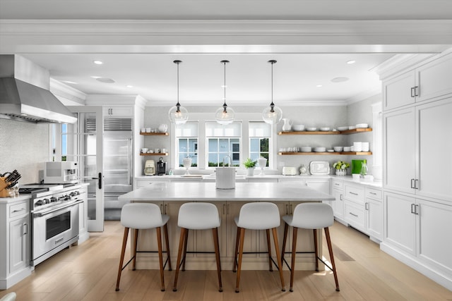 74 38th St, Avalon, NJ 08202 - kitchen with open shelves, wall chimney range hood, high quality appliances, light wood-style flooring, and recessed lighting
