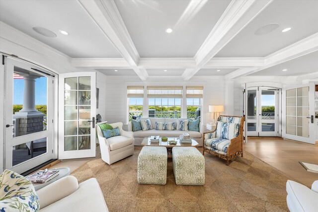 74 38th St, Avalon, NJ 08202 - living area with french doors, beamed ceiling, crown molding, recessed lighting, and wood finished floors