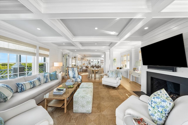 74 38th St, Avalon, NJ 08202 - living room featuring healthy amount of natural light, coffered ceiling, ornamental molding, recessed lighting, and beam ceiling