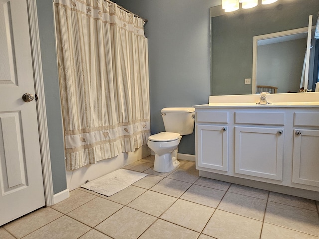 full bathroom with tile patterned floors, vanity, toilet, and shower / bathtub combination with curtain