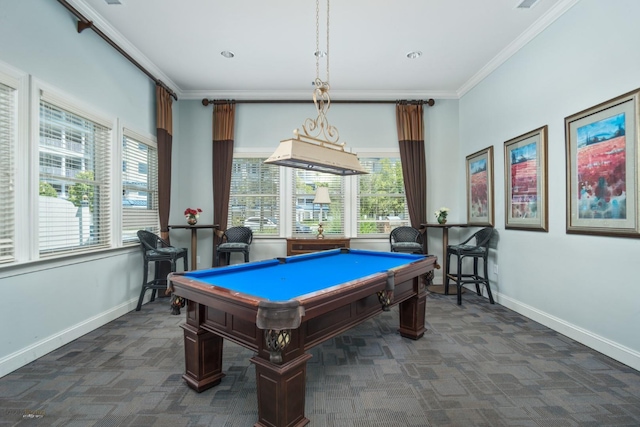 3401 Seaboard Cir Unit 3401, North Wildwood, NJ 08260 - recreation room featuring crown molding, pool table, baseboards, and dark colored carpet