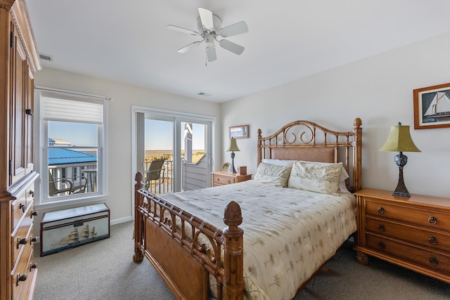 3401 Seaboard Cir Unit 3401, North Wildwood, NJ 08260 - carpeted bedroom featuring visible vents, a ceiling fan, baseboards, and access to exterior