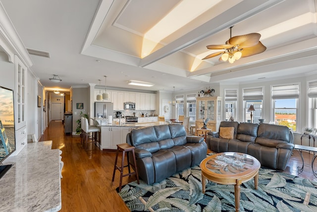 3401 Seaboard Cir Unit 3401, North Wildwood, NJ 08260 - living room with visible vents, ornamental molding, dark wood finished floors, and ceiling fan