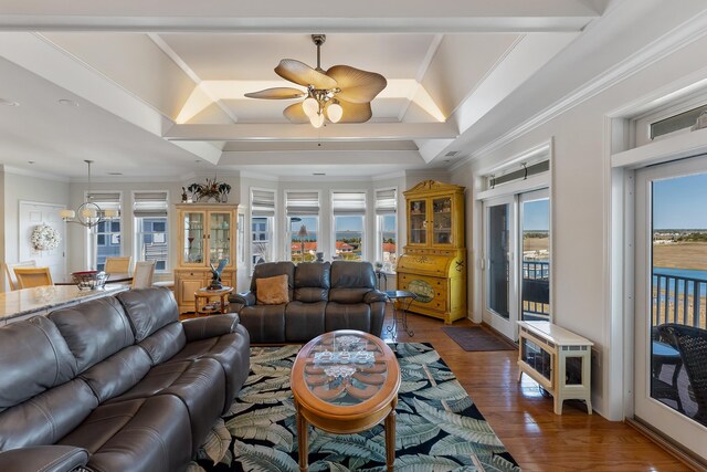 3401 Seaboard Cir Unit 3401, North Wildwood, NJ 08260 - living room with ceiling fan, ornamental molding, and wood finished floors