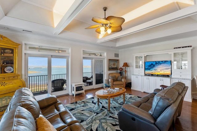 3401 Seaboard Cir Unit 3401, North Wildwood, NJ 08260 - living area with dark wood-type flooring, ornamental molding, a water view, and a ceiling fan