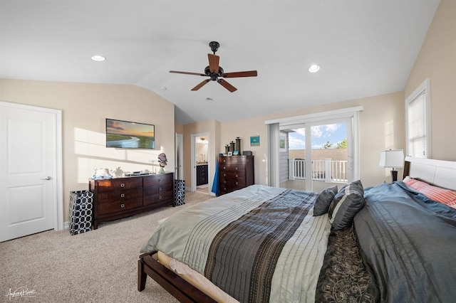 bedroom featuring recessed lighting, light colored carpet, vaulted ceiling, ceiling fan, and access to outside