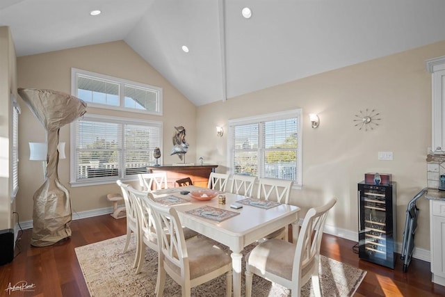 dining area with beverage cooler, dark wood-style flooring, recessed lighting, and baseboards