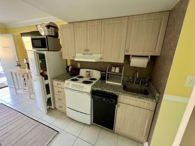 kitchen featuring light brown cabinetry, sink, ornamental molding, white appliances, and dark stone counters