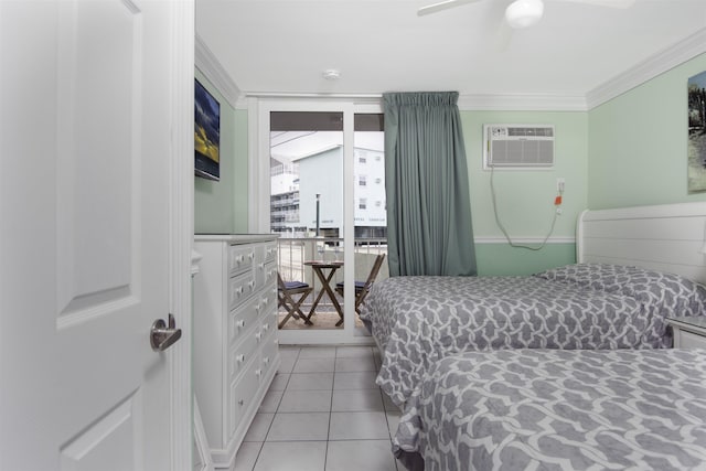 bedroom featuring crown molding, ceiling fan, light tile patterned flooring, and a wall mounted AC