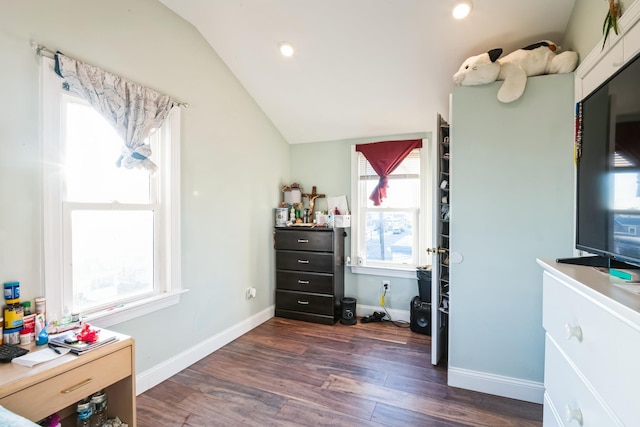 bedroom with dark wood-style floors, lofted ceiling, baseboards, and recessed lighting