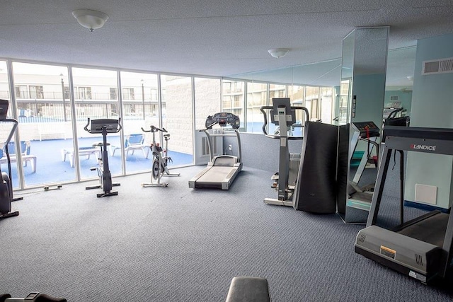 exercise room with carpet floors and a wall of windows