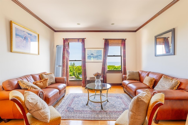 living room with hardwood / wood-style flooring and crown molding