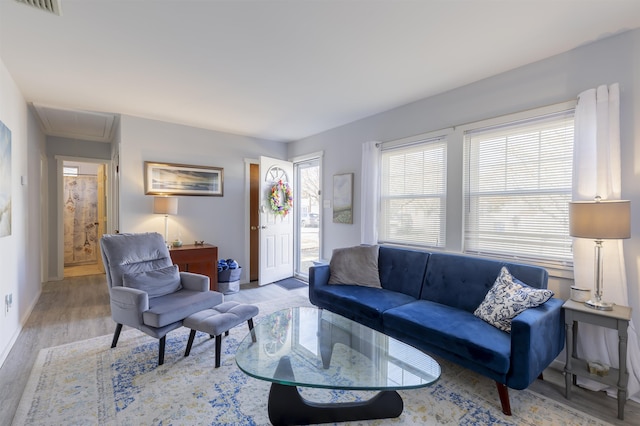 living room with wood finished floors, attic access, and baseboards