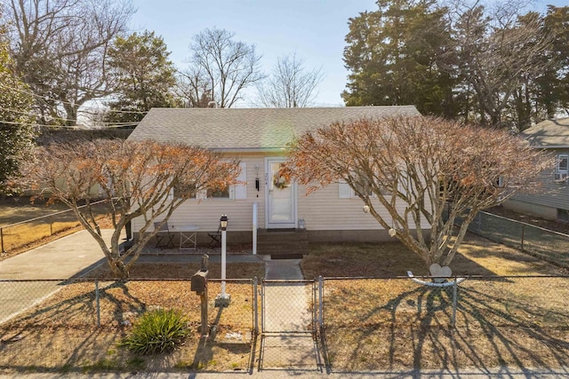 view of front facade featuring a fenced front yard, a gate, and roof with shingles