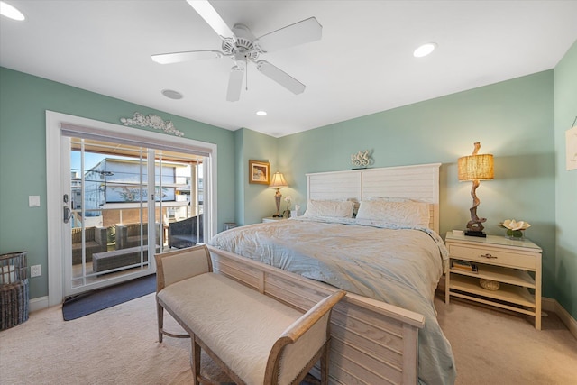 carpeted bedroom with access to exterior and ceiling fan