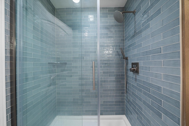 bathroom with a shower with shower door