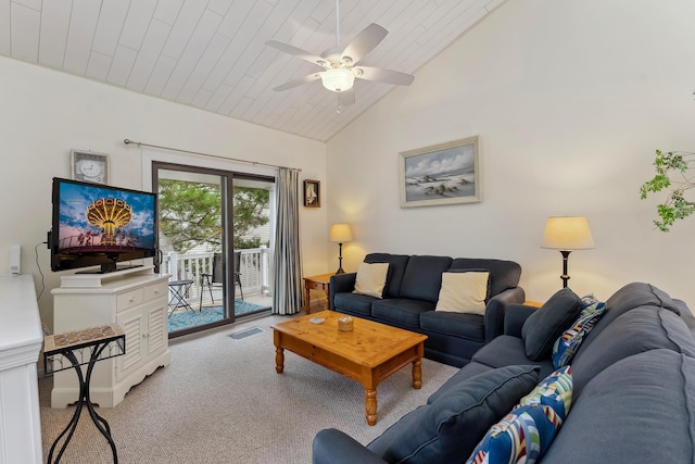 carpeted living room with ceiling fan, lofted ceiling, and wood ceiling