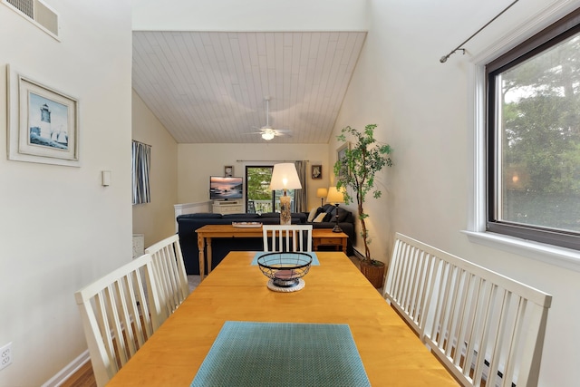 dining space featuring ceiling fan, wooden ceiling, and vaulted ceiling