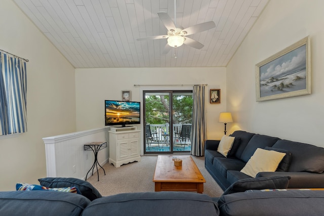 living room featuring carpet, vaulted ceiling, ceiling fan, and wooden ceiling