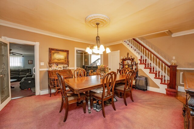 dining area featuring a notable chandelier, ornamental molding, carpet flooring, baseboards, and stairs