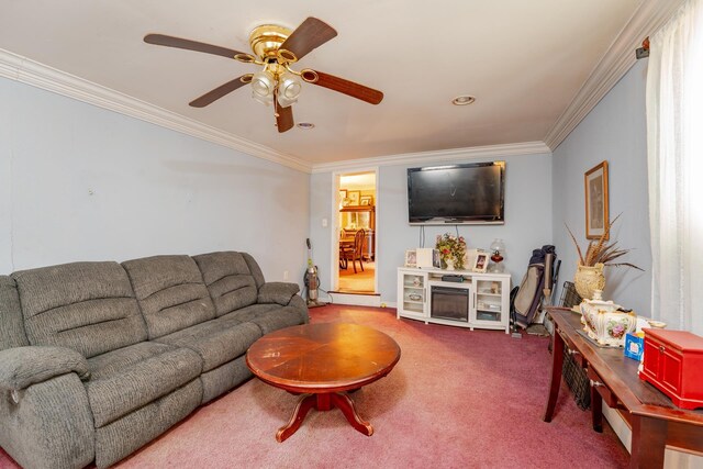 carpeted living room with crown molding and ceiling fan