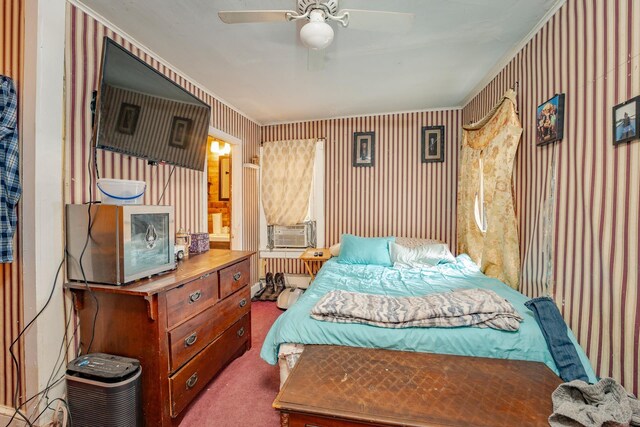 bedroom featuring carpet floors, wallpapered walls, and cooling unit