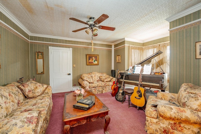 carpeted living room featuring wallpapered walls, ceiling fan, and crown molding