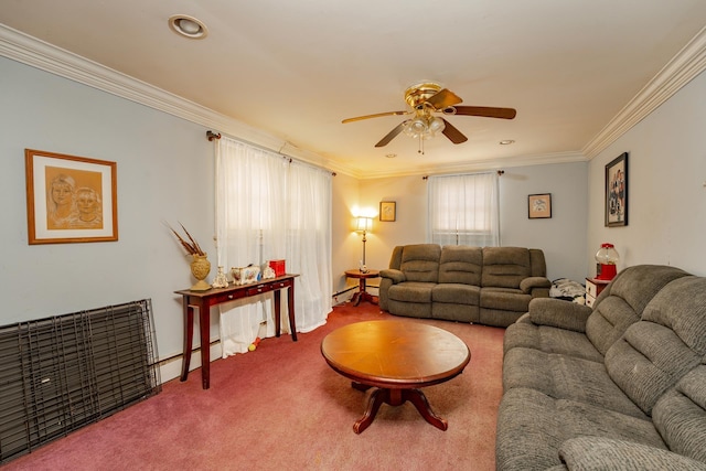 carpeted living area featuring a baseboard heating unit, recessed lighting, crown molding, and a ceiling fan