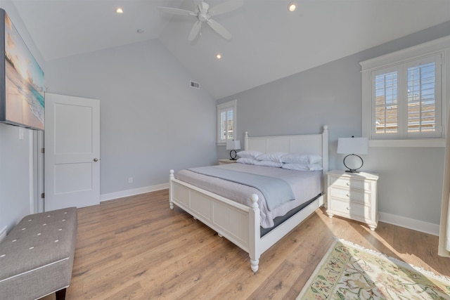 243 87th St, Stone Harbor, NJ 08247 - bedroom with high vaulted ceiling, baseboards, light wood-type flooring, recessed lighting, and a ceiling fan