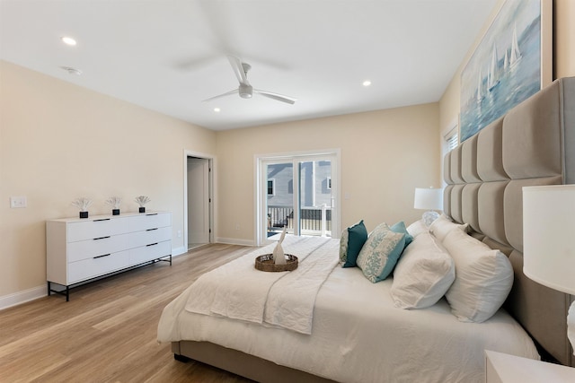 bedroom with ceiling fan, access to exterior, and light hardwood / wood-style floors