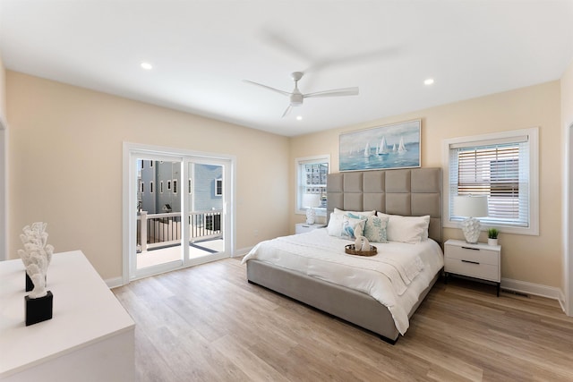 bedroom with ceiling fan, light wood-type flooring, and access to outside