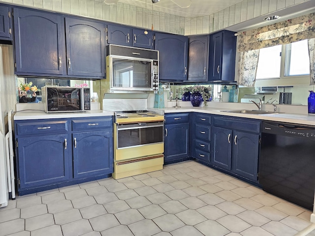 kitchen featuring black dishwasher, sink, electric range oven, and blue cabinetry