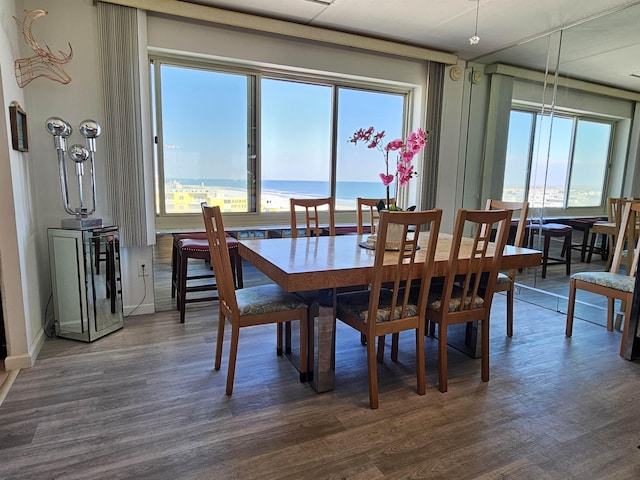 dining space with a wealth of natural light, dark hardwood / wood-style floors, and a water view