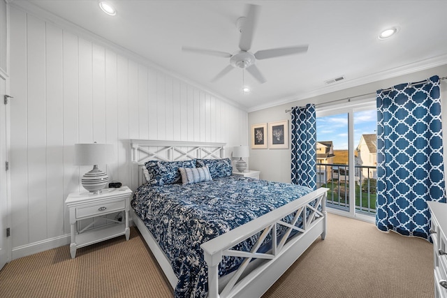 bedroom with carpet, access to outside, ceiling fan, and crown molding