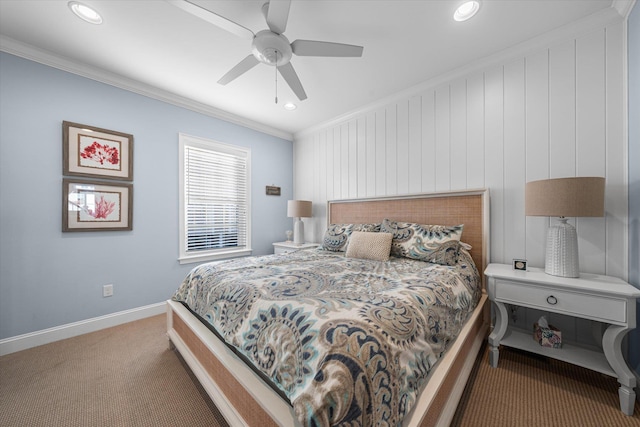 bedroom with carpet, ceiling fan, and crown molding