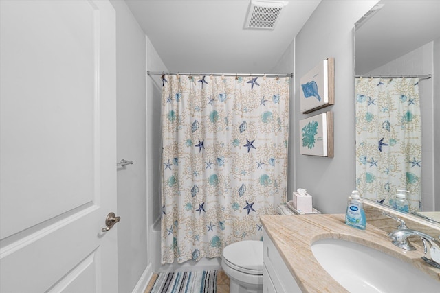 full bathroom with vanity, toilet, and shower / bathtub combination with curtain