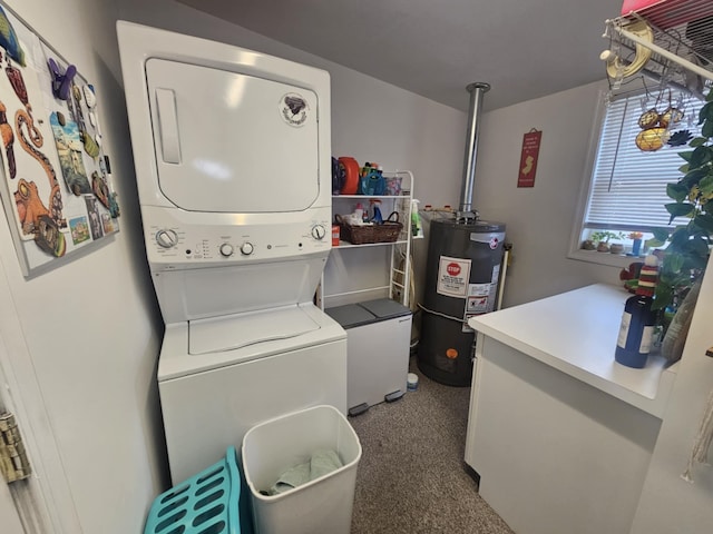 laundry room with stacked washer and dryer and gas water heater