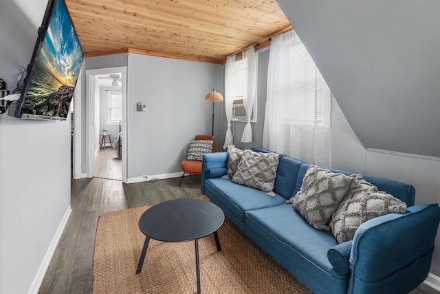 living room featuring lofted ceiling, wood ceiling, a healthy amount of sunlight, and wood finished floors