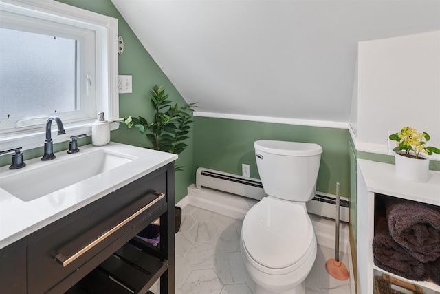 half bathroom featuring a baseboard heating unit, a baseboard radiator, lofted ceiling, and toilet