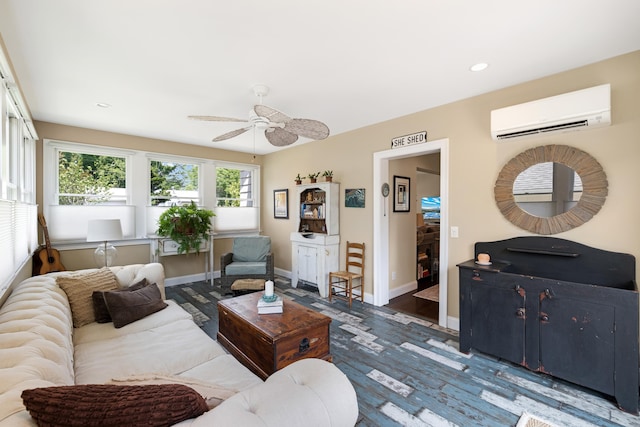 735 Maple Ave, West Cape May, NJ 08204 - living room with a wall mounted AC, a ceiling fan, recessed lighting, and wood finished floors