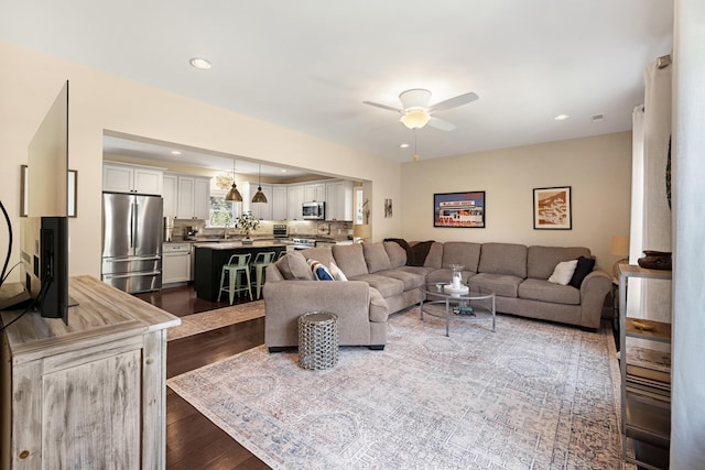 735 Maple Ave, West Cape May, NJ 08204 - living area featuring a ceiling fan, dark wood-style floors, and recessed lighting