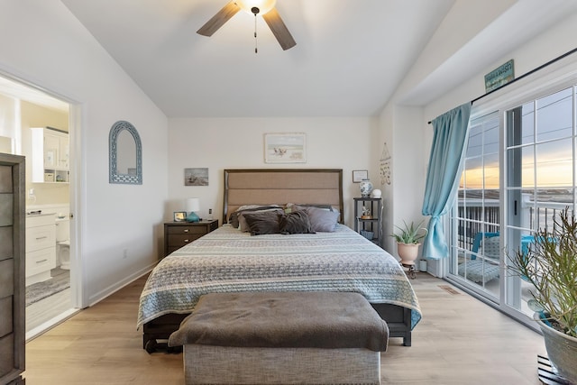 bedroom with ceiling fan, connected bathroom, light hardwood / wood-style flooring, and access to outside