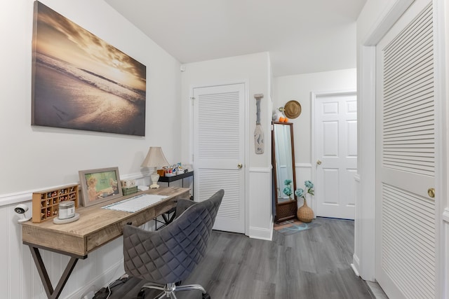 home office featuring dark wood-type flooring